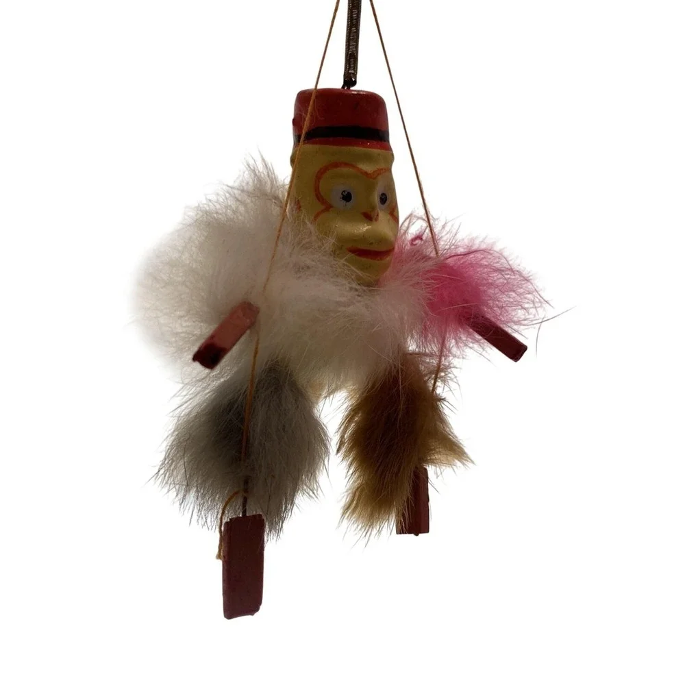 Antique Celluloid Monkey toy Hanging Bouncy Spring Feathers